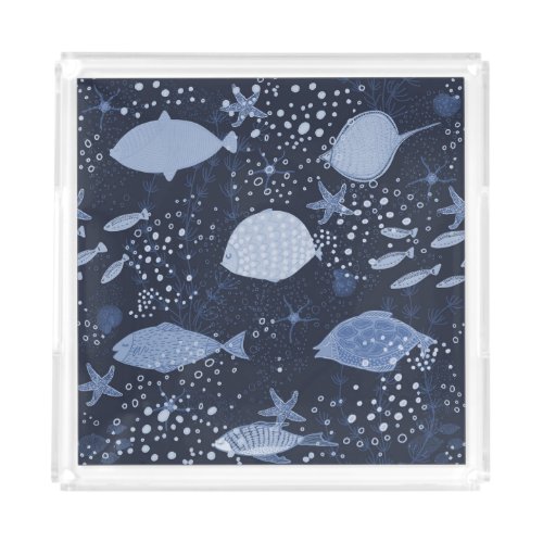 Monochrome sleeping fishes dark pattern acrylic tray