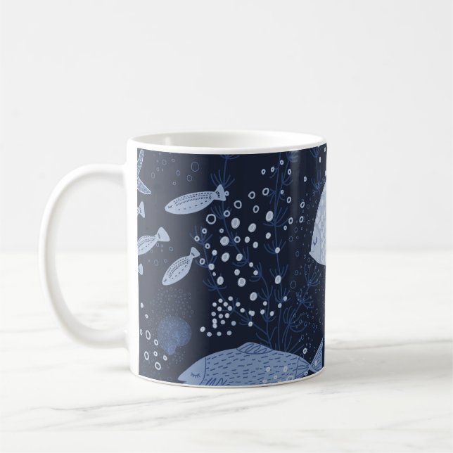 Monochrome sleeping fishes, dark pattern. coffee mug (Left)