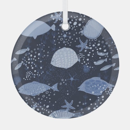 Monochrome sleeping fishes dark pattern glass ornament