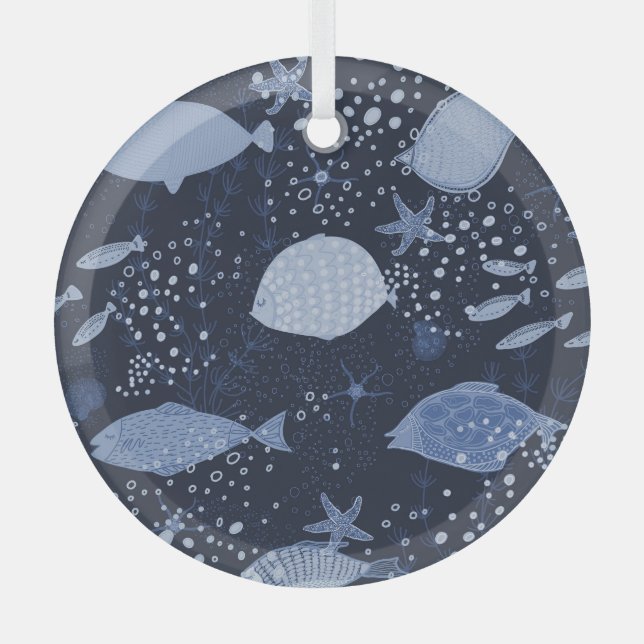 Monochrome sleeping fishes, dark pattern. glass ornament (Front)