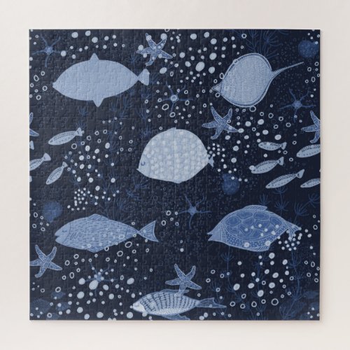 Monochrome sleeping fishes dark pattern jigsaw puzzle