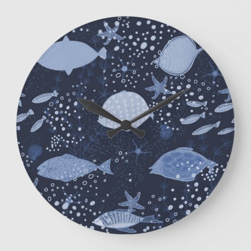 Monochrome sleeping fishes dark pattern large clock