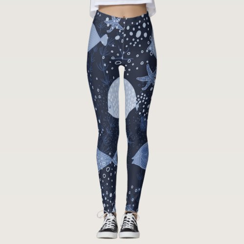 Monochrome sleeping fishes dark pattern leggings