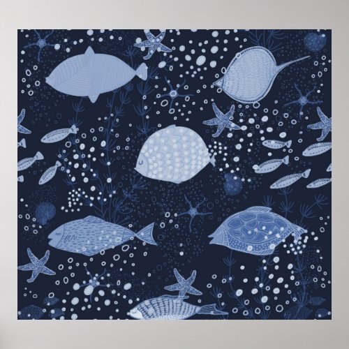 Monochrome sleeping fishes dark pattern poster