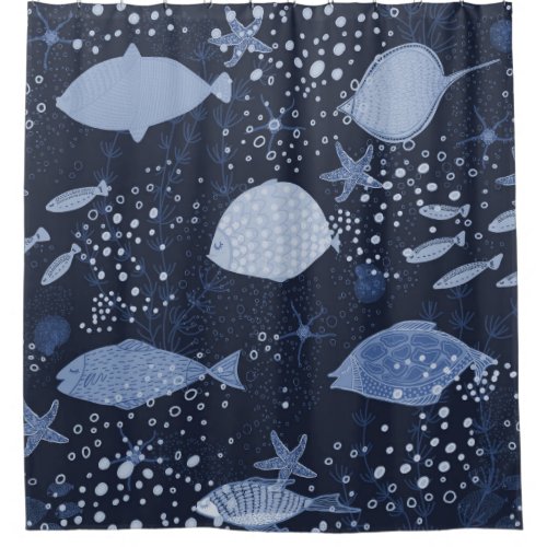 Monochrome sleeping fishes dark pattern shower curtain