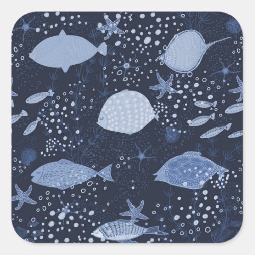 Monochrome sleeping fishes dark pattern square sticker