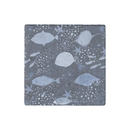 Monochrome sleeping fishes dark pattern stone magnet