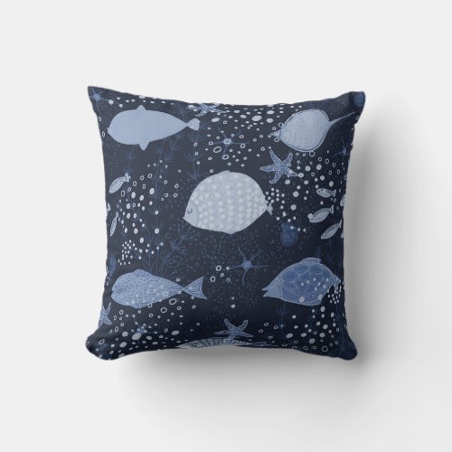 Monochrome sleeping fishes dark pattern throw pillow