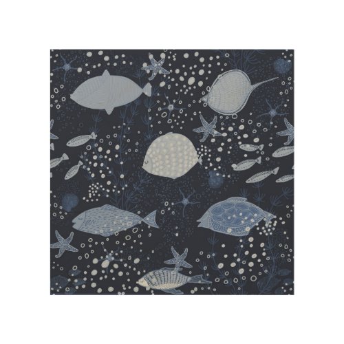 Monochrome sleeping fishes dark pattern wood wall art