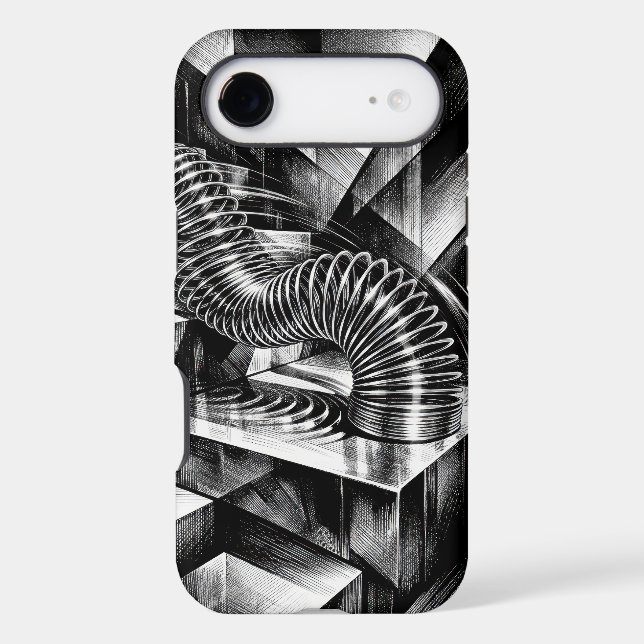 Monochrome Slinky Tumbling Down Chrome Steps iPhone Case (Back)