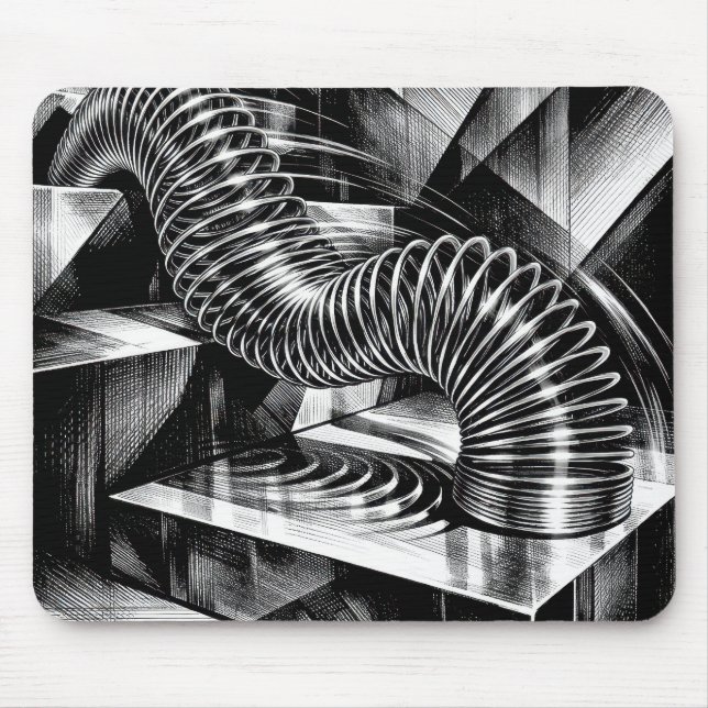 Monochrome Slinky Tumbling Down Chrome Steps Mouse Pad (Front)