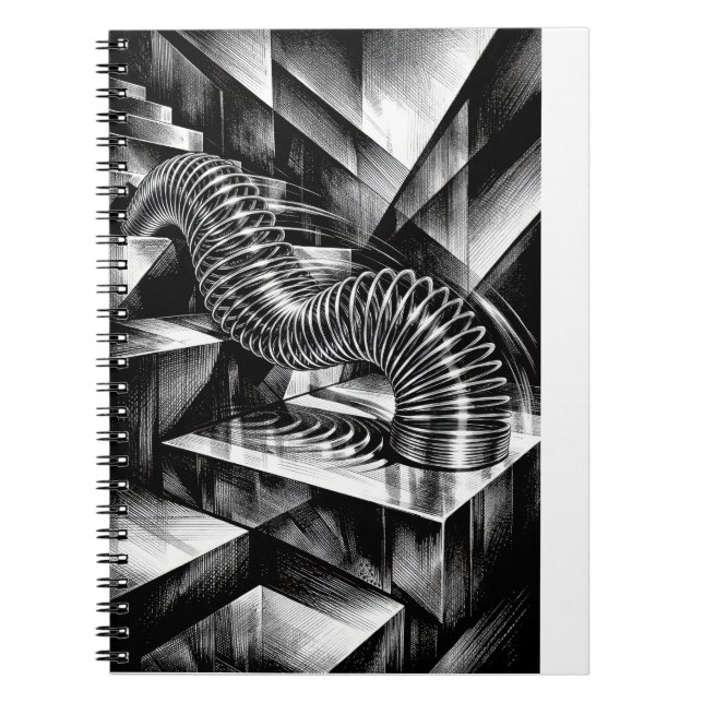 Monochrome Slinky Tumbling Down Chrome Steps Notebook (Front)