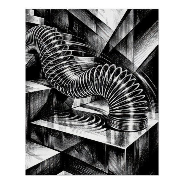 Monochrome Slinky Tumbling Down Chrome Steps Poster (Front)