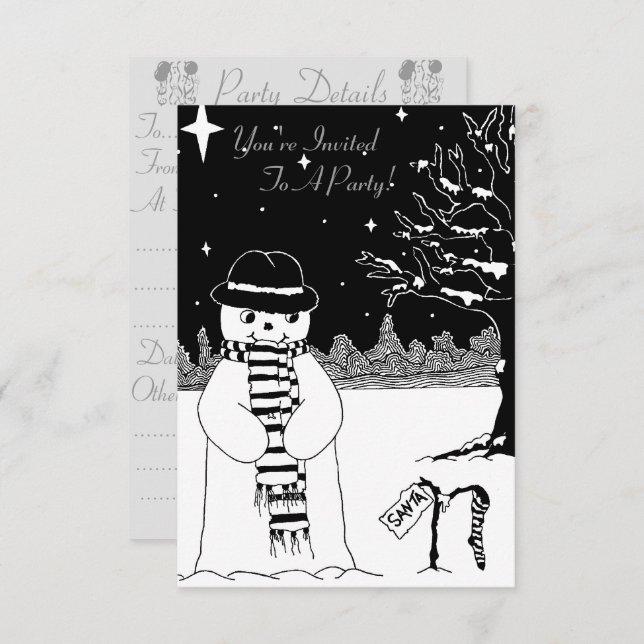 monochrome snowman with scarf christmas invitation (Front/Back)