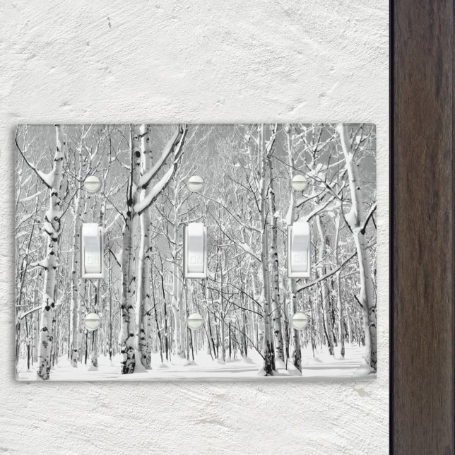 Monochrome Towering Aspen Trees in Winter Snow Light Switch Cover (Add a touch of decor to any wall with this Aspen trees in snow photo on a three toggle switch plate.)