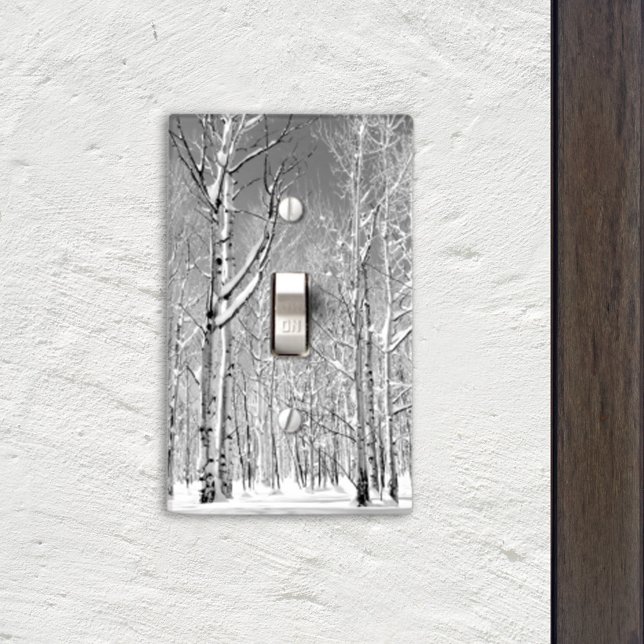 Monochrome Towering Aspen Trees in Winter Snow Light Switch Cover (Add a touch of winter to any wall with an Aspen trees in snow photo single toggle switch plate. )