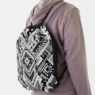 Monochrome Tribal – Bold, Symmetrical art Drawstring Bag