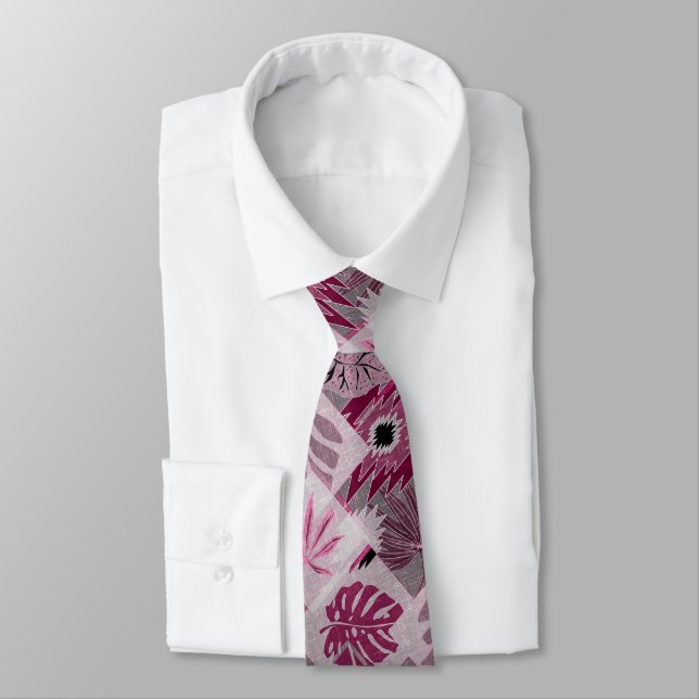 Monochrome tropical botanical patchwork neck tie (Tied)