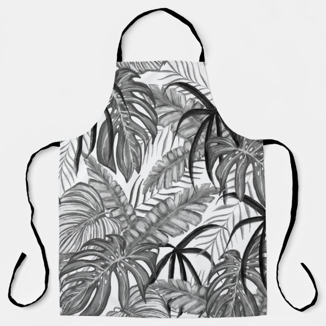 Monochrome Tropical Leaves Pattern | Elegant Black Apron (Front)