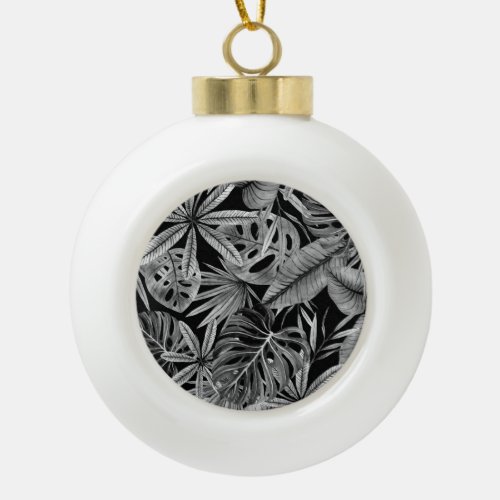 Monochrome Tropical Watercolor Leaves Texture Ceramic Ball Christmas Ornament