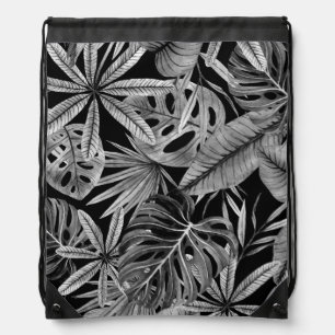 Monochrome Tropical, Watercolor Leaves Texture. Drawstring Bag