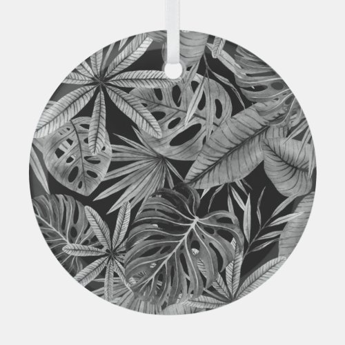 Monochrome Tropical Watercolor Leaves Texture Glass Ornament