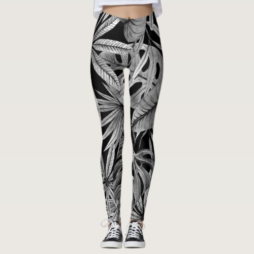 Monochrome Tropical Watercolor Leaves Texture Leggings