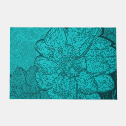 Monochrome Turquoise Dahlia Floral Pattern Doormat