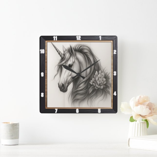 Monochrome Unicorn Floral Square Wall Clock (Home)