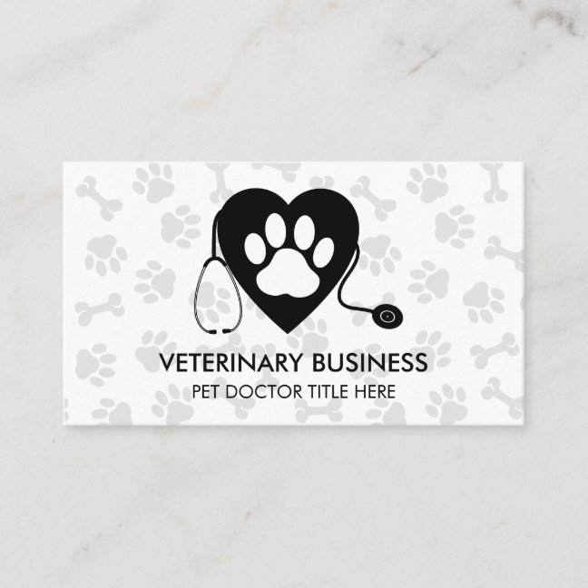 Monochrome Veterinarian Paw Heart Stethescope Pet Business Card