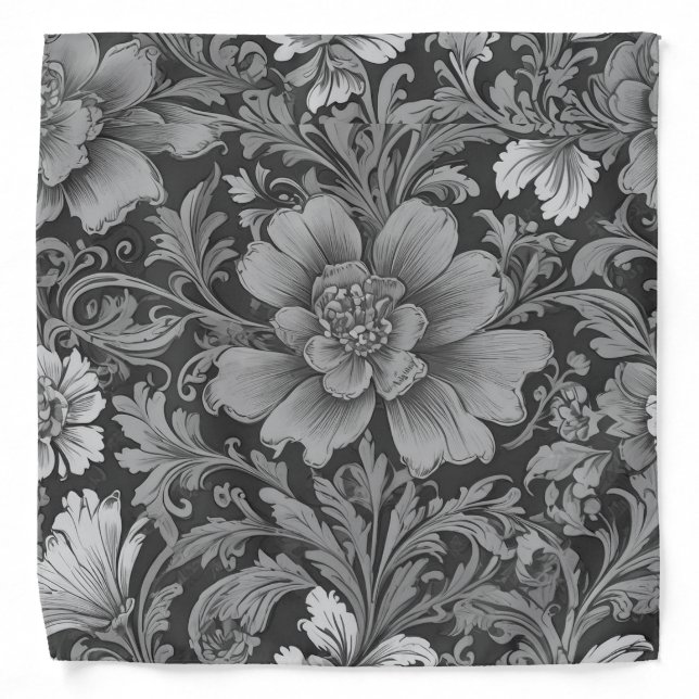 Monochrome Vintage Floral Pattern  Bandana (Front)