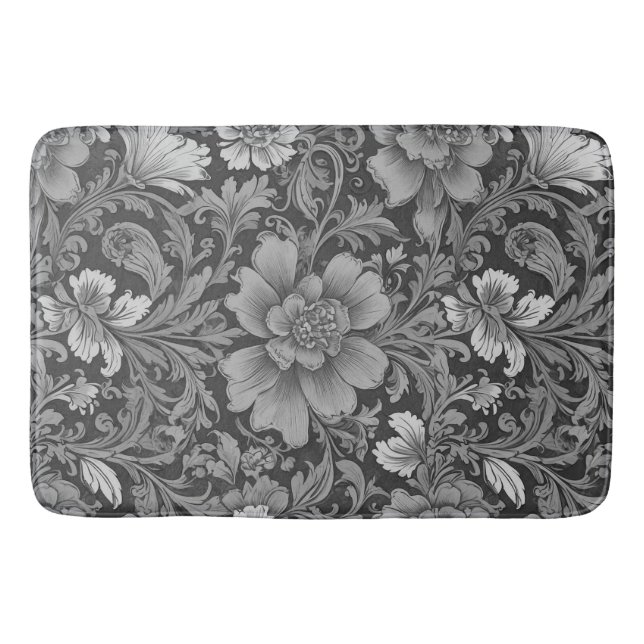 Monochrome Vintage Floral Pattern  Bath Mat (Front)