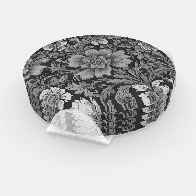 Monochrome Vintage Floral Pattern  Coaster Set (Set)