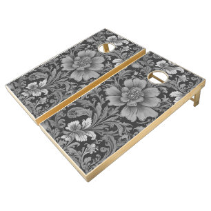 Monochrome Vintage Floral Pattern Cornhole Set