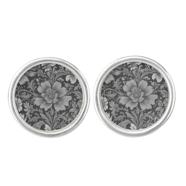 Monochrome Vintage Floral Pattern  Cufflinks (Front)
