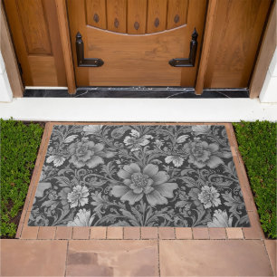 Monochrome Vintage Floral Pattern Doormat