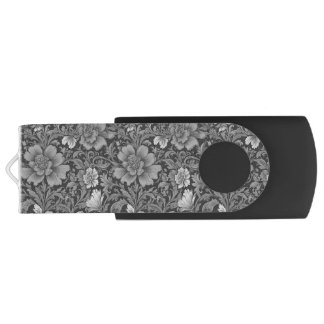 Monochrome Vintage Floral Pattern Flash Drive