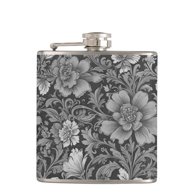 Monochrome Vintage Floral Pattern  Flask (Front)