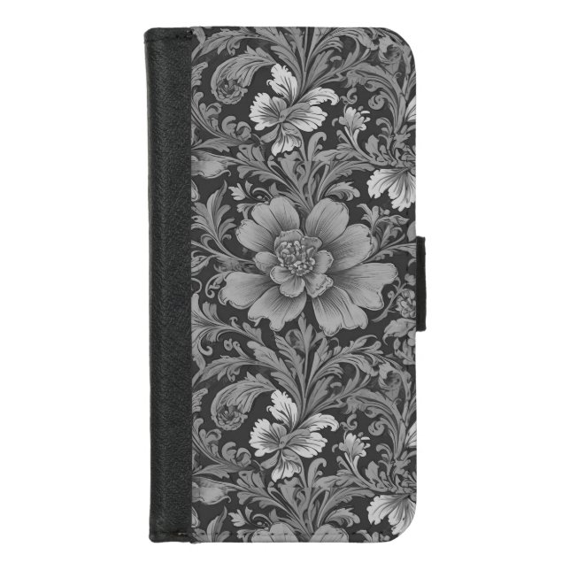 Monochrome Vintage Floral Pattern  iPhone Wallet Case (Front)