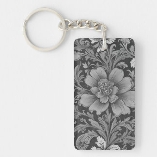 Monochrome Vintage Floral Pattern Keychain