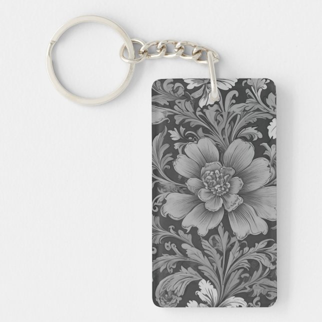 Monochrome Vintage Floral Pattern  Keychain (Front)