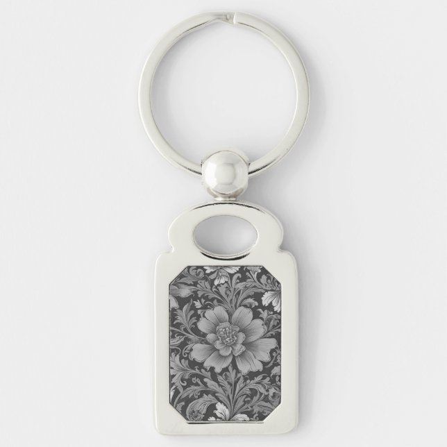 Monochrome Vintage Floral Pattern  Keychain (Front)