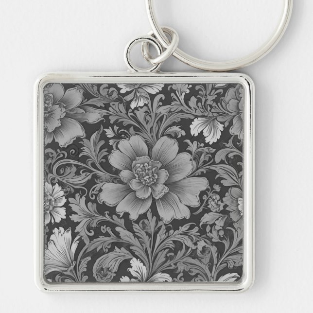 Monochrome Vintage Floral Pattern  Keychain (Front)
