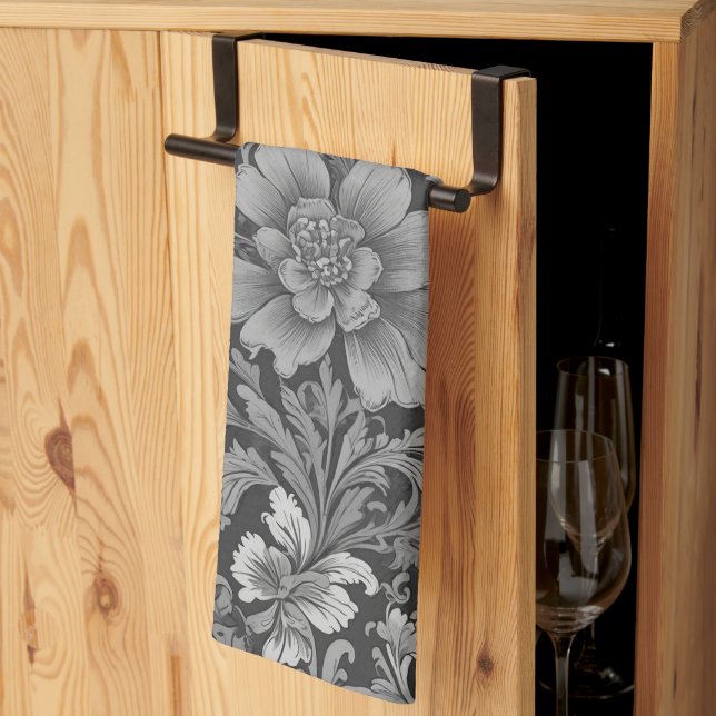 Monochrome Vintage Floral Pattern  Kitchen Towel (Thirds Fold)