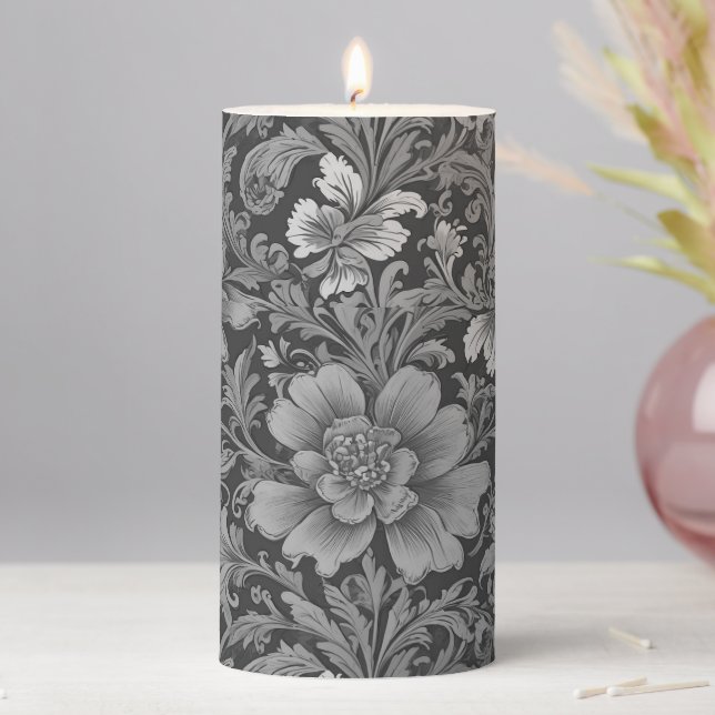 Monochrome Vintage Floral Pattern  Pillar Candle (In Situ)