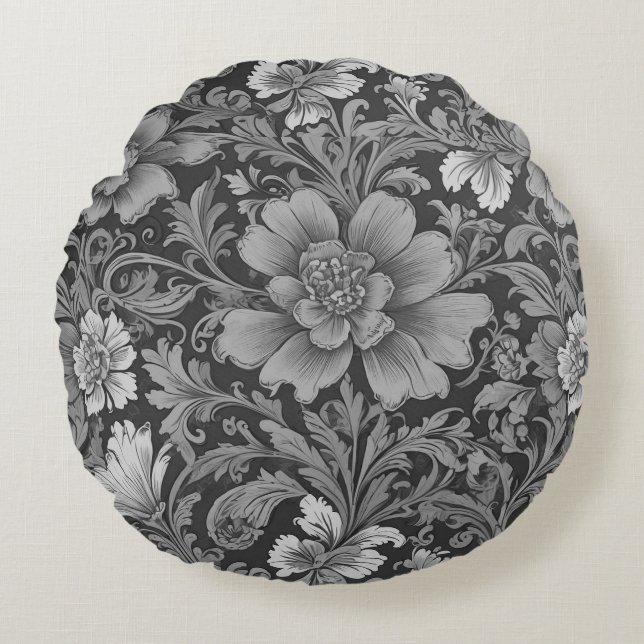 Monochrome Vintage Floral Pattern  Round Pillow (Front)
