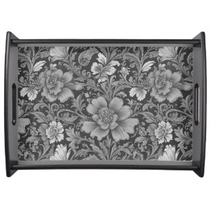 Monochrome Vintage Floral Pattern Serving Tray