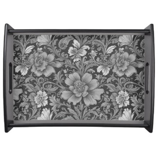 Monochrome Vintage Floral Pattern Serving Tray