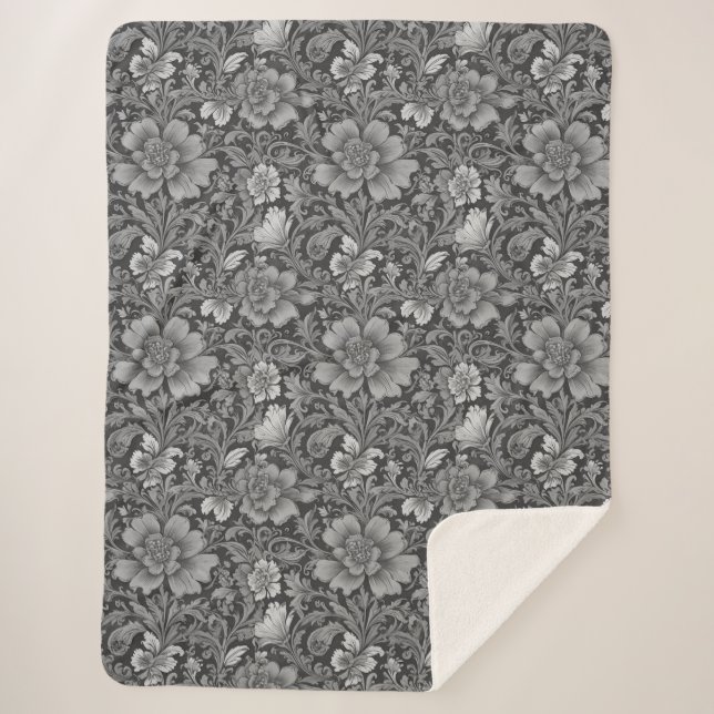 Monochrome Vintage Floral Pattern  Sherpa Blanket (Front)