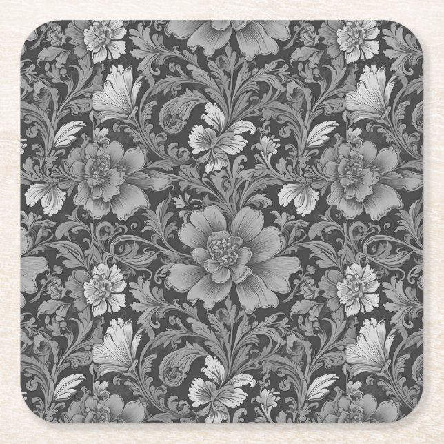 Monochrome Vintage Floral Pattern  Square Paper Coaster (Front)